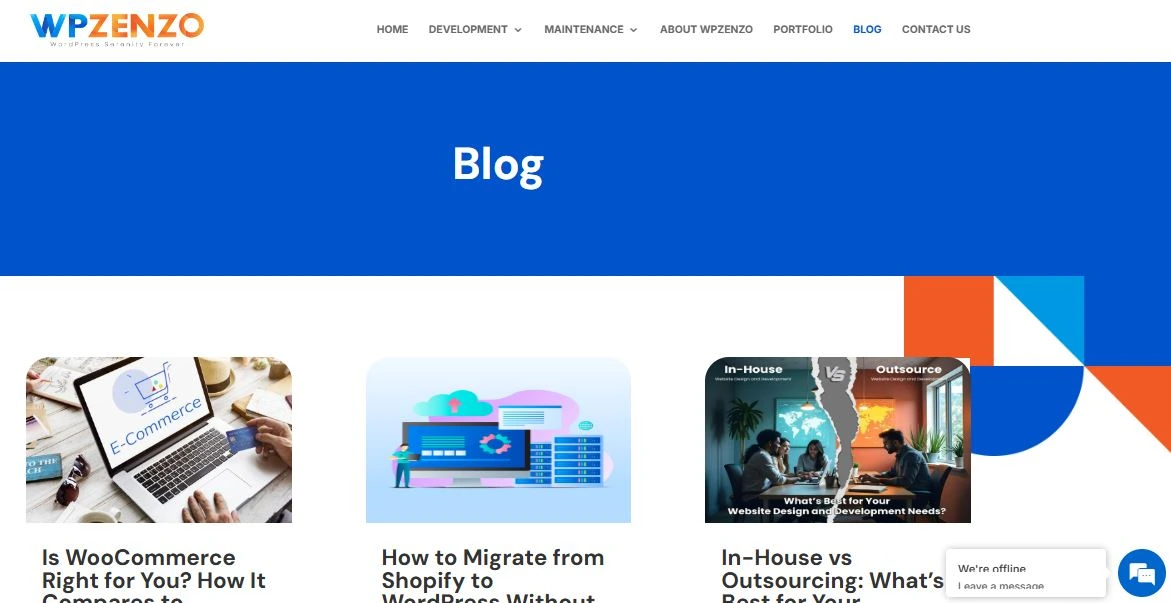 blog A webpage screenshot of the "Blog" section of WP Zenzo. The page has a blue header with the word "Blog" in bold white text. Below, there are blog post previews displayed in a grid format, each with an image and title. Some visible blog topics include WooCommerce vs. other platforms, migrating from Shopify to WordPress, and a comparison between in-house and outsourced website development. A chat widget at the bottom right indicates "We're offline." The design features geometric shapes in blue and orange.