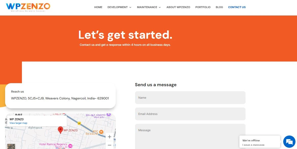 contact us  A webpage screenshot of the "Contact Us" section of WP Zenzo. The page features a bold orange header with the text "Let's get started," encouraging users to reach out and promising a response within four hours on business days. Below, there is a contact form with fields for name, email address, and message. On the left, a location section displays WP Zenzo's address in Nagercoil, India, along with an embedded Google Maps view. A chat widget at the bottom right indicates "We're offline."